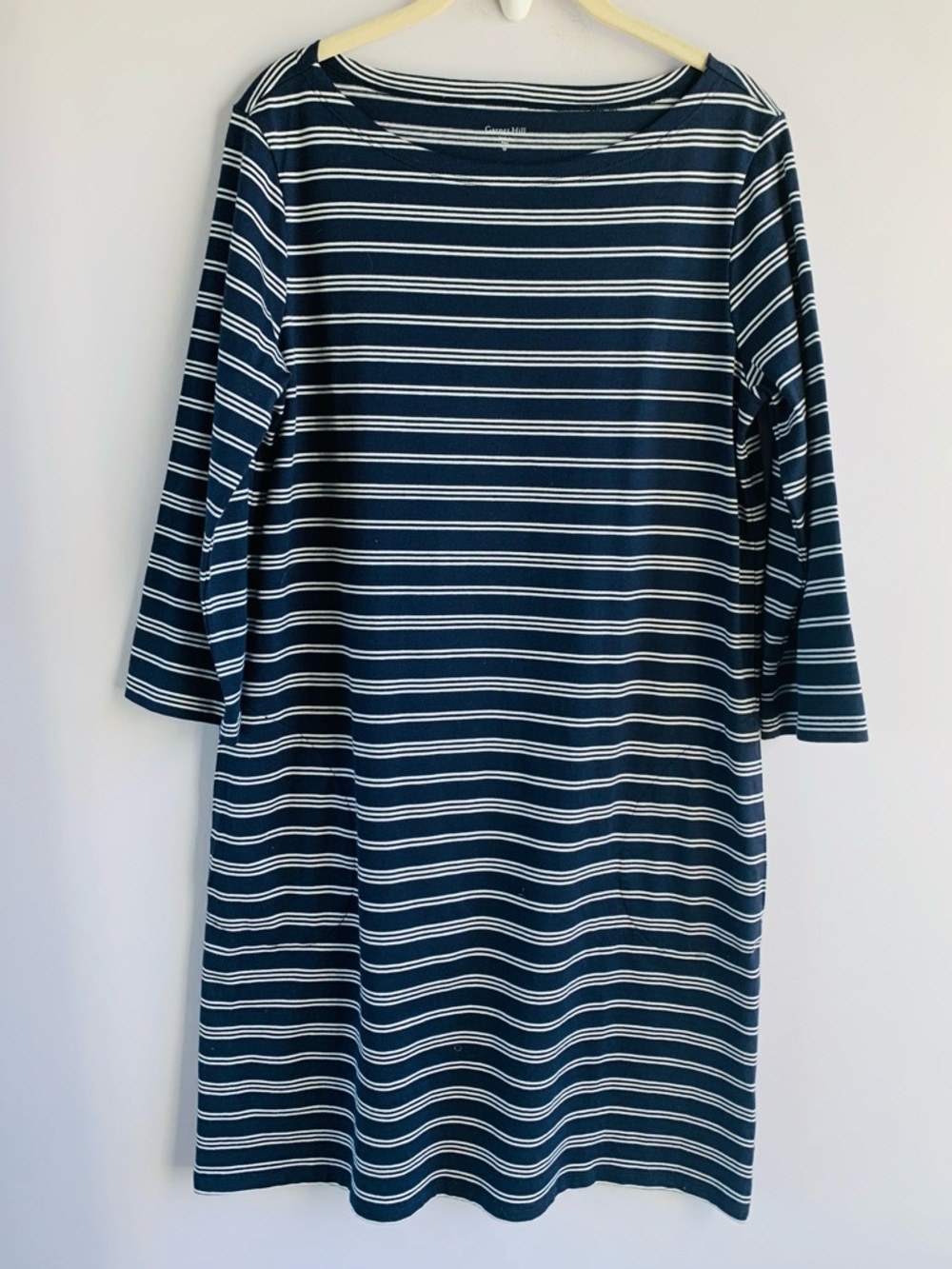 Garnet Hill Dress Navy White Stripes Organic Cotton Round Neck 3/4 Sleeve EUC M